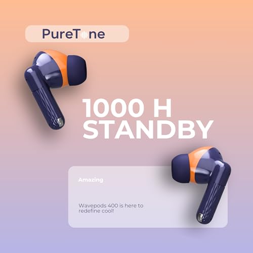 Image of OOGE Wavepods 400 TWS Earbuds, Quad Mic with ENC, 1000-Hour Standby, Type-C Fast Charging, PureTone HD Audio, Premium Navy Blue Textured Design