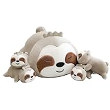 TOYSYM Sloth Stuffed Animal Cute Sloth Plush Pillow with 4 Baby Plushies in Her Tummy, Soft Cotton Stuffed Animals Toy Gifts for Kids