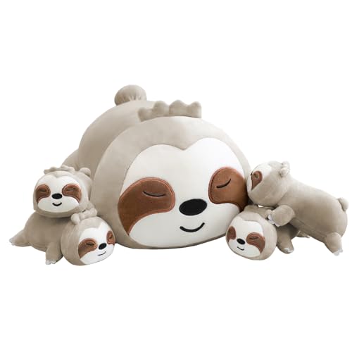 Image of TOYSYM Sloth Stuffed Animal Cute Sloth Plush Pillow with 4 Baby Plushies in Her Tummy, Soft Cotton Stuffed Animals Toy Gifts for Kids