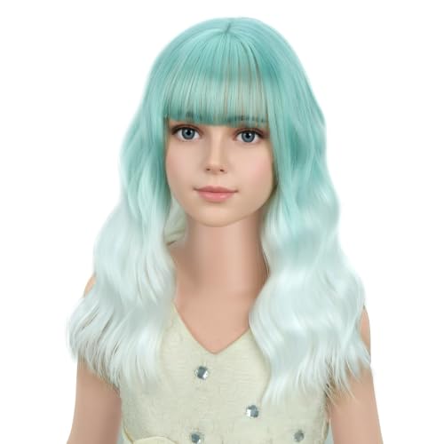 Image of PATTNIUM Girls Mint Green Ombre White Wig with Bangs Kids Short Wavy Curly Mint Green Ombre Bob Wigs Synthetic Halloween Costume Cosplay Party Wigs
