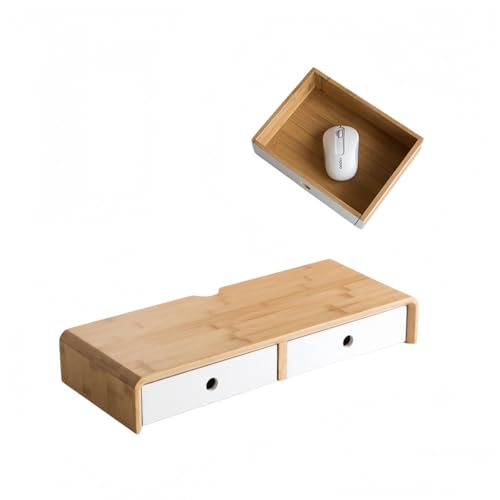 Piultaディスプレイスタンド デスクトップパソコン用 竹製 引き出し付き キーボード収納 高安定性 (【混白色】【双抽50型】【高款13cm】)