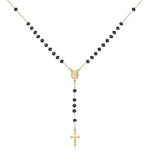 Barzel 18K Gold Plated Black Bead Rosary, Virgin Mary Centerpiece, Made in Brazil, Tarnish Free, Waterproof, High Polish Finish, Size 18-24 Inches