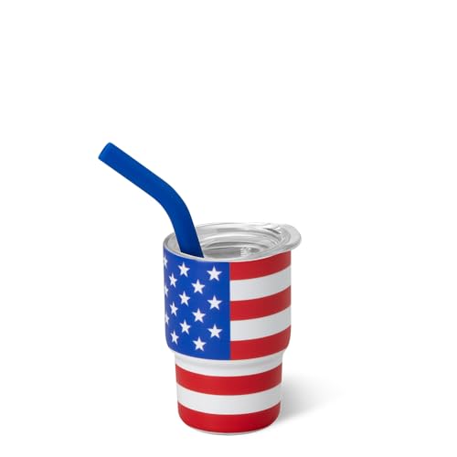 Swig Life Swig Shots Insulated Tumbler 2oz, Stainless Steel Mini Tumbler with Lid and Silicone Straw, Double Wall & Vacuum Sealed, Mini Tumblers for Shots (All American)