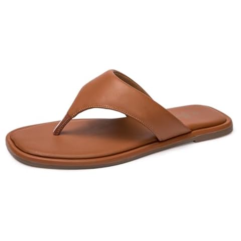 Women's Thong Sandals T Strap Sandals Flip Flop Slip On Flat Sandals Casual Slide Sandals for Women Dressy Summer (7, Brown) Cover