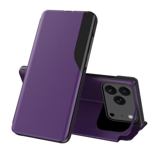 LEMAXELERS Funda para Apple iPhone 17 Pro,Ventana de Tiempo de visión Inteligente, Cubierta Trasera de Piel sintética Suave, Plegable, Funda Protectora para iPhone 17 Pro,Morado CC