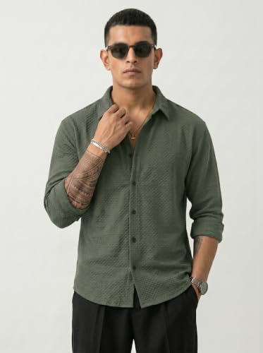 Image of Men's Casual Button Down Shirts Long Sleeve Cotton Bland Shirt Fashion Textured Beach Summer Shirt