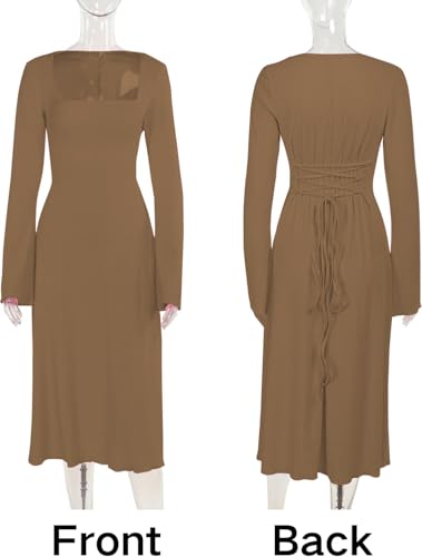 Image of Shasmi Women's Square Neck A-Line Dress - Long Sleeve, Tie Waist, Knitted Stretchable, Casual & Office Outfit, Solid Winter Midi Dress for Women (Dress 221)