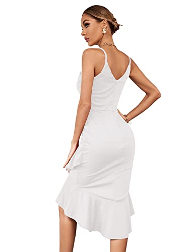 Umenlele Women's V Neck Wrap Asymmetric Ruffle Hem Sleeveless Spaghetti Strap Bodycon Party Midi Dress White Small #TOP1