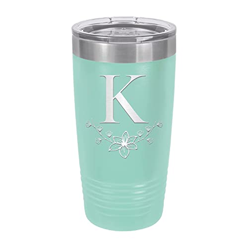 Monogram Floral Initial Coffee Teal Tumblers 20 Oz With Lid Laser Engraved In Stainless Steel Vacuum Insulated Travel Mug Cup, Custom Personalized Flower Theme Gifts (K) #TOP6