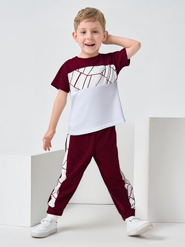 Kid Boy Clothes Geometric Printed Color Blocking Top Summer Long Pants 2PC Summer Outfit Set3
