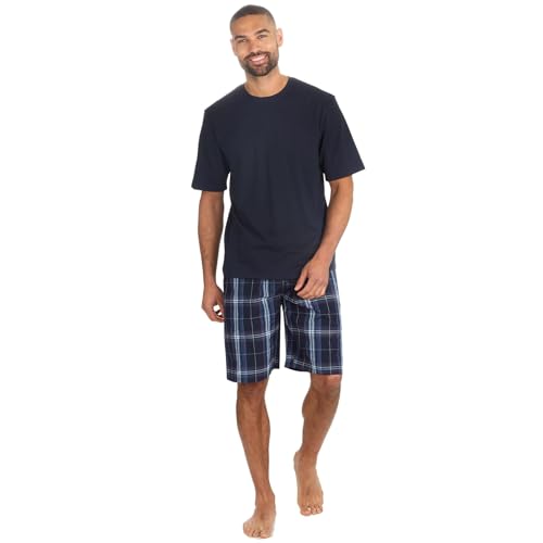 Image of Style It Up Mens Short Sleeve Pyjama Set Jersey Loungewear T-Shirt and Woven Check Shorts Set Adults Nightwear (Navy, S)