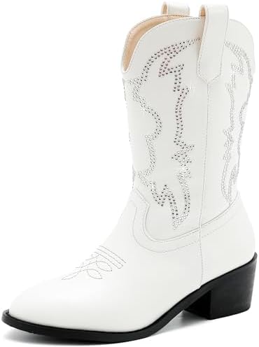 Girls Cowboy Boots Pull On Cowgirl Boots Pointed Toe Mid Calf Wes...