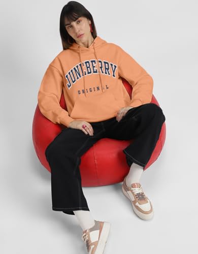 Image of JUNEBERRY Fleece Oversized Baggy Fit Hooded Sweatshirt Drop Shoulder Typographic Logo Printed Full Sleeve Hoodie for Women (Availabe Colors: Copper Tan, Rust & Red)