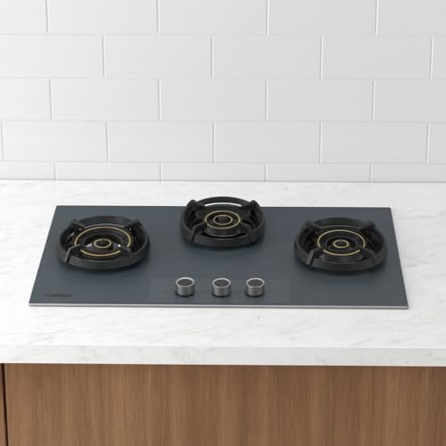 Image of Hindware Graphite 3B 75CM | Built in Hob With Flame Failure Device | Matt Grey Frost Glass with Coated SS Strips | Silver Metallic Finish & Jet Black Knobs | Stainless Steel Automatic Hob (3 Burners)