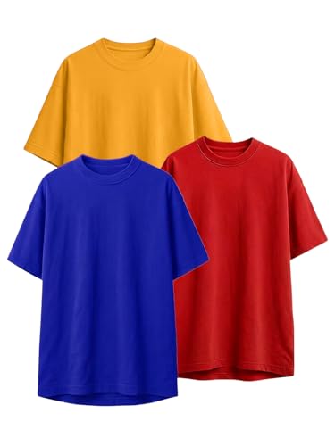 Image of LEOTUDE Women's Drop Shoulder Oversized Baggy Fit Half Sleeve Plain Solid Round Neck Multicolor T-Shirt Combo for Women's (Pack of 3)