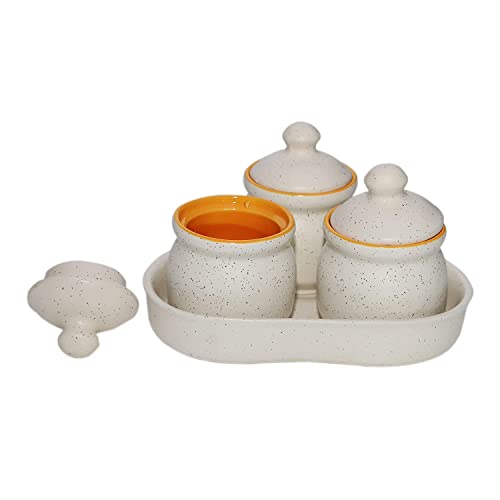 Jetwals Ceramic Handmade Pickle Jar Set 3 (200ml) with Lid and Tray, Dining Table Pickle Container (white tray set)