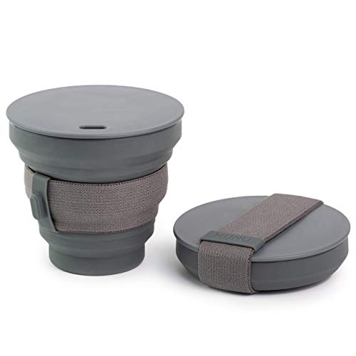 HUNU Leakproof Pocket Cup Collapsible Coffee Cup  Reusable Coffee Cup Travel Mugs for Hiking Cycling Camping - BPA Free Portable Espresso Silicone Cups with Lids - 9 oz Charcoal Grey