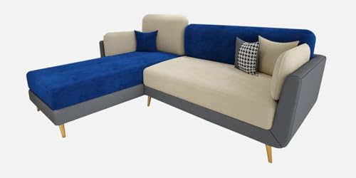 Image of Polyester Velvet Contemperory Sofa Set with Cushion Chaise Lounge, Sectional Sofa Perfect for Your Living Room,Guests Room & Office. (Blue & Beige, RHS 4 Seater)