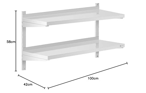 Miniatura 2 de Royal Catering Estante De Pared Metálico Estantería Para Cocina Rcwr-1000.4 Montaje A Pared, Capacidad: 40 Kg, Acero Inoxidable, 2 Baldas, 40 X 100 Cm