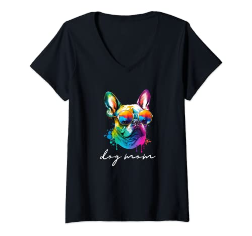 Damen Bunte langhaarige französische Bulldogge Mom T-Shirt mit V-Ausschnitt