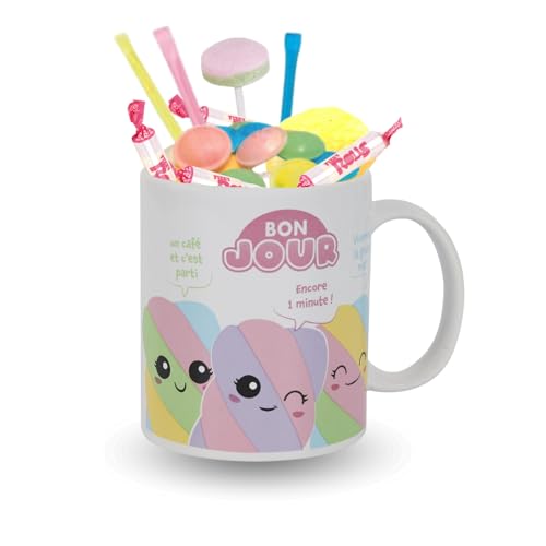 PRO DISTRI Mug Kawai garni d'un Assortiment de 20 Bonbons d'enfance - pailles, colliers, soucoupes, boules coco, sucettes | Idée Cadeau Gourmand Anniversaire...