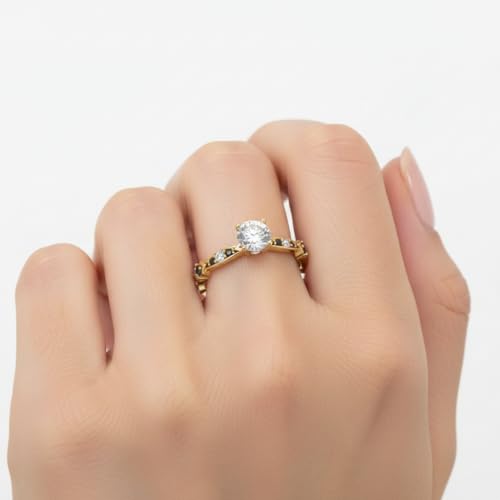 Image of Choose Your Gemstone Petite Pave Diamond CZ Engagement Ring Yellow Gold Plated Round Shape Petite Engagement Rings Minimal Modern Design Birthday Gift Wedding Gift US Size 4 to 12
