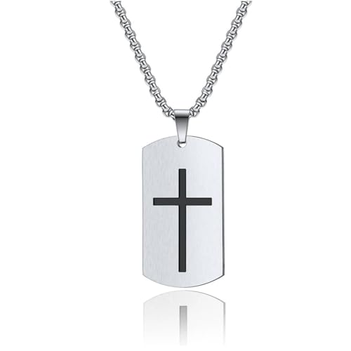 TEOZBLU Collier Croix Homme, Croix Chretienne Homme, Collier Homme Acier Inoxydable, Collier Plaque Militaire, Chaine Homme, Chaîne Argent 60cm Cadeau De...