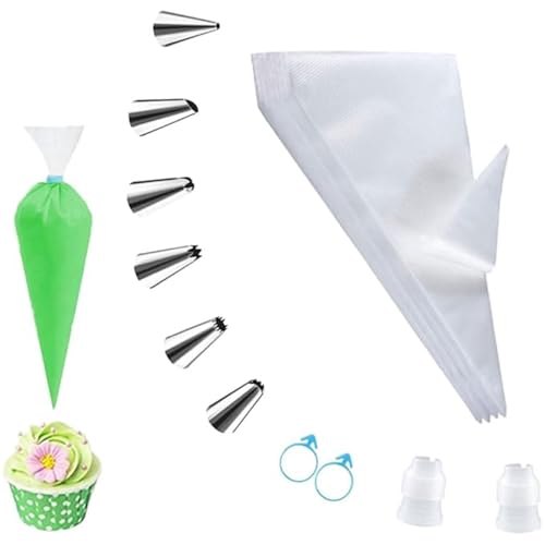 muahmuah 100 Stück Spritzbeutel einweg, 6 Spritztüllen, 2 Kuchen Kupplungen, 2 Silikon Kabelbinder, Piping Bag Set für Dekorieren von Kuchen, Keksen, Cupcakes