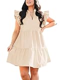 Fisoew Plus Size Dresses for Women Summer Ruffle Short Sleeve V Neck Dress Tiered Swing A Line Babydoll Mini Dress Khaki