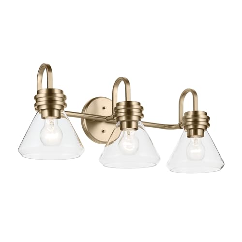 Image of Kichler Farum 26 inch 3-Light Bathroom Vanity Light Fixture with Clear Glass in Champagne Bronze for Over Mirror, Modern Wall Mount Lighting (26 inch W x 9.5 inch H), 55155CPZCLR