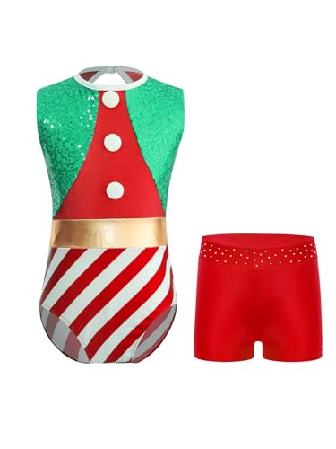 Yruioon Maillot de gimnasia para niña, con pantalones cortos, lentejuelas, traje de Navidad, disfraz de elfo de Navidad, disfraz de Navidad, rojo, 158/164 cm