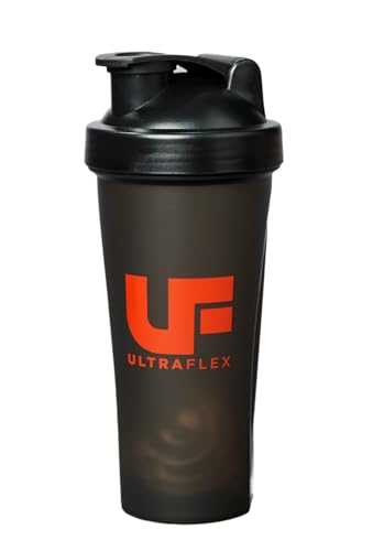 UltraFlex Protein Shaker Bottle, Sports Supplements Protein Shake Bottle, Black with Red logo, Transparent Shaker Cup, 600ml, Leakproof, Secure Cap, Gym, Stainless Steel Mixer Ball, Graduated Marks