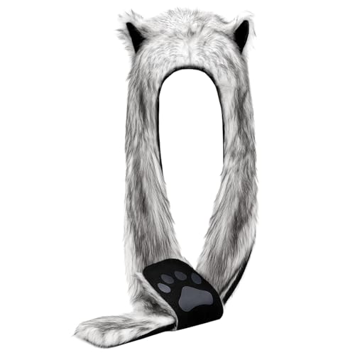 SATINIOR Fox Faux Animal Hoods Headwear Furry Hat Mittens Gloves Scarf Paws Ears Furry Animal Accessories (Gray)