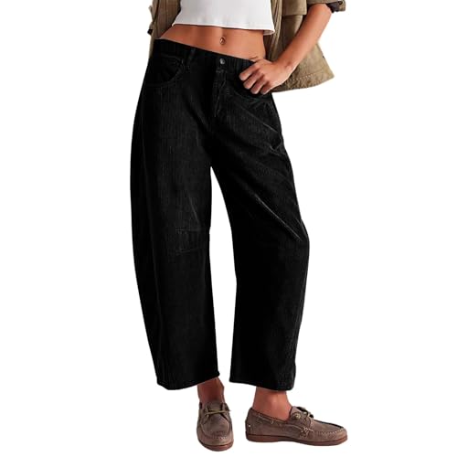 Wide Leg Corduroy Pants Women Mid Rise Cord Barrel Jeans Vintage Elastic Waist Pants Cropped Ankle Pants with Pockets2