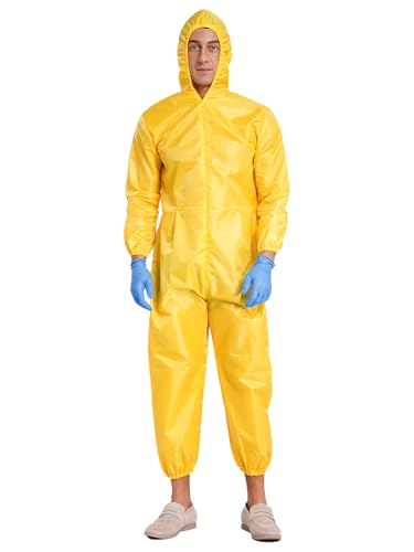 Linyuir Men Hazmat Suit Costume Halloween Fancy Dress Hooded Overalls Jumpsuit Coveralls Yellow 160