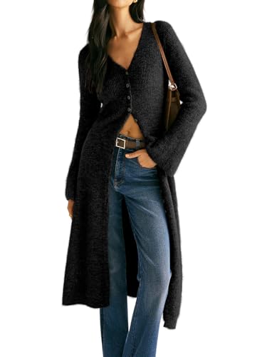 Image of Womens V-Neck Button Maxi Cardigan Bell Long Sleeve Open Front Split Breasted Sweater Dress