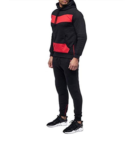 Mens Long Sleeve Camo Hoodies Sweatshirt + Tracksuit Long Pants 2Pcs Sets with Pockets (Large, Black)