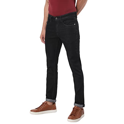Image of Arvind Men Black Cotton Lycra Regular Fit Denim