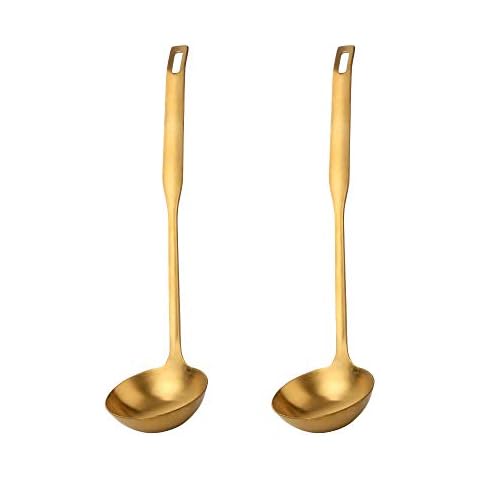 Buyer Star 2 Pcs Soup Ladle Spoons, Gold Cookware Serving Long Handle Steel Slotted Spoon Cooking Utensil Set for Hotpot Cover