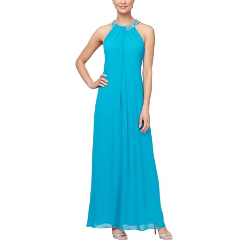 Image of S.L. Fashions Women's Sleeveless Halter Neck Long Maxi Dress with Beaded Neckline (Petite and Regular Sizes)