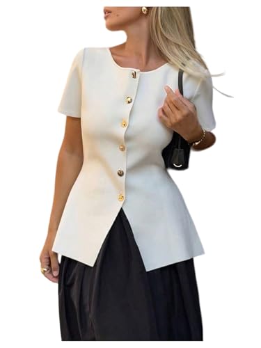 GORGLITTER Women's Short Sleeve Sweater Button Down Crew Neck Knit Cardigans Fashion Business Casual Outfits