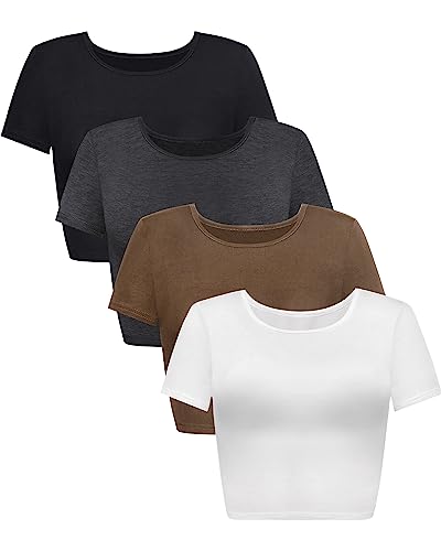 Syhood 4 Pack Women's Short Sleeve Crop Tops Crew Neck Summer Cute