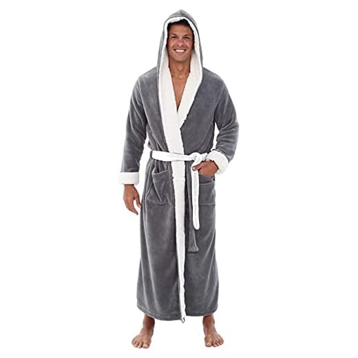 BOTCAM Badrobe herr med huva flanell fleece morgonrock förlängd badrock med bälte, män långärmad höst vinter morgonrock pyjamas Yukata sovkjol spa bastukappa, GRÅ, S