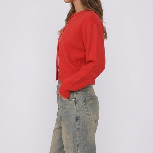 Image of Women Y2K Button Front Crop Sweater Cardigan Solid Color Crew Neck Long Sleeve Knit Fall Tops Streetwear