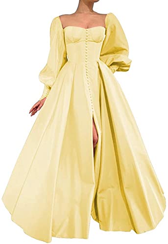 Long Puffy Sleeve Prom Dresses Princess Ball Gown for Women Satin Formal Party Wedding Evening Dress
