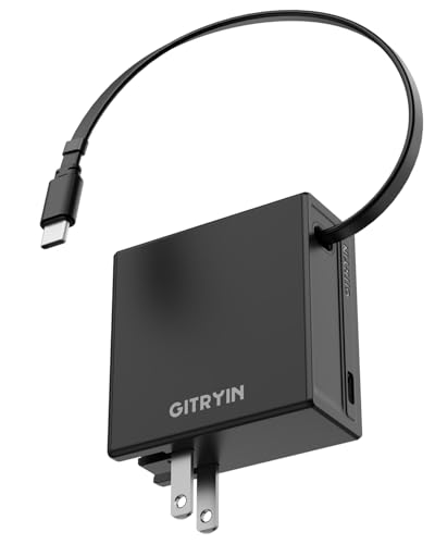 Image of Gitryin 65W USB C Wall Charger with Built-in Retractable Cable, 2-in-1 Foldable Fast Charger Block, Travel Essentials Compatible for Laptop, MacBook Pro /Air, iPhone 17 /16, iPad, Galaxy, Pixel, Black