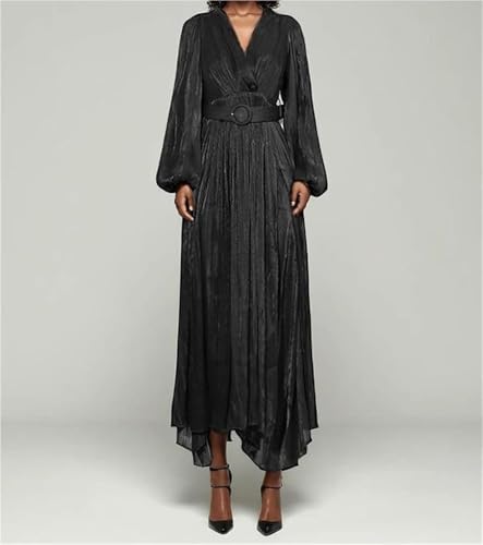 Women's V Neck High Waist Long Dresses Skirt Solid Color Patchwork Belt Elegant Casual Dress for Work Party Date3