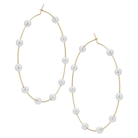 Doubnine Large Hoops Super Huge Circle Pearls Earrings Thin Dangle Gold Silver Elegant Wedding Women Accessories Jewelry Gift for Her (60mm, gold) Cover