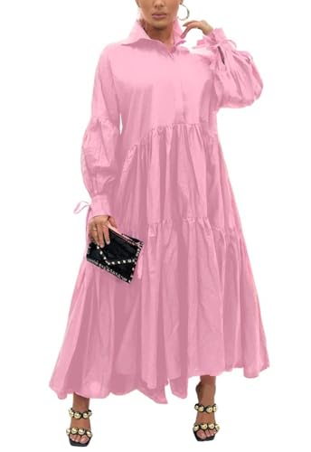 Image of Women's Long Sleeve Maxi Shirt Dress Elegant Button Down Loose Swing Party Dress