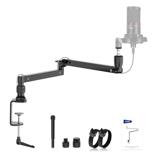 NEEWER MST002 Support de bureau à profil bas avec amortissement, bras articulés pivotants à 360 ° avec poteau de hauteur et canaux de gestion des câbles pour microphone, baladodiffusion